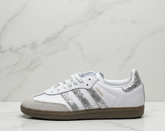 Glitter Samba Sneakers : Silver Sparkly Stripes White Leather Retro Streetwear Party Daily Shoes
