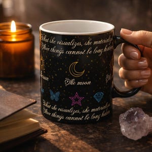 Celestial Manifestation Coffee Mug | Witchy Astrology Moon and Stars Wrap Design | Law of Attraction Daily Ritual Cup