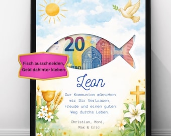 Regalo di Comunione a forma di pesce, personalizzabile con nome | Immagine di denaro da ritagliare | Regalo di Comunione per bambini e bambine, formato A4 e A5