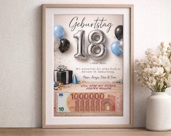 18. Geburtstag Geldgeschenk Vorlage – Erste Million Geschenk – Personalisierte Karte zum Ausdrucken – DIY Geldgeschenk 18 – Digital Download