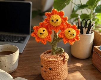 Mini girasol de ganchillo en maceta / Regalo de flores de ganchillo hechas a mano / Decoración acogedora para el hogar