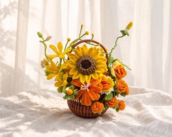Cesta de flores tejida a mano a crochet, girasoles, rosas, decoración para el hogar, arreglo de mesa.