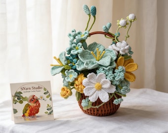 Cesta de flores tejida a mano a crochet, decoración bohemia para el hogar, arreglo de mesa, regalo para ella.