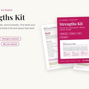 May include: A 24-page printable PDF Strengths Kit by The ADHDigest. The document features a dark pink cover page titled Strengths Kit with sections for SPARK steps, inventory, audit, and user manual, alongside white pages with black text.