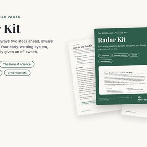 May include: A 26-page printable PDF titled Radar Kit by The ADHDigest. The document includes 5 radar channels, honest science, a turn-it-down toolkit, and 3 worksheets. The text describes an early-warning system and brain off-switch strategies.