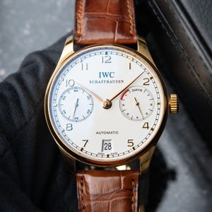 Luxury Watch IWC Portugieser 7 Days Rose Gold Silver Dial Leather Automatic 42.3 Portuguese