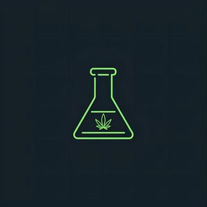 May include: A neon green line art illustration of a laboratory Erlenmeyer flask centered on a dark background. The flask features a stylized cannabis leaf icon positioned in the center of the glass container, rendered in a simple, clean outline.