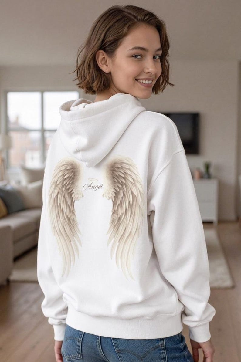 Sudadera con capucha de alas de ángel etéreas para mujer, sudadera con estampado celestial, sudadera con capucha de estética espiritual, regalo de jersey con alas boho, sudadera con capucha con estampado de ángel imagen 14