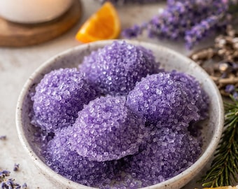 Pastillas de sales de baño con aroma a lavanda, cítricos y bosque