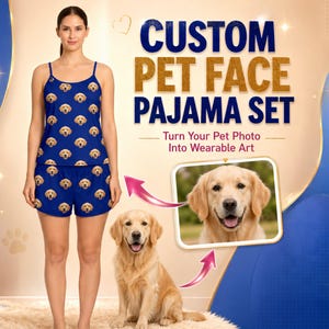 Könnte beinhalten: Eine Frau trägt ein blaues Pyjama-Set mit einem sich wiederholenden Muster von Golden Retriever-Gesichtern. Das Bild zeigt einen Golden Retriever und den Text "CUSTOM PET FACE PAJAMA SET" und "Turn Your Pet Photo Into Wearable Art".