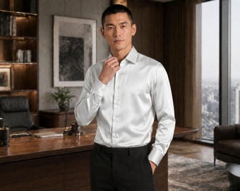 Pure mulberry silk mens dress shirt slim fit button down formal shirt long sleeve custom tailored office shirt  luxury corporate gifts