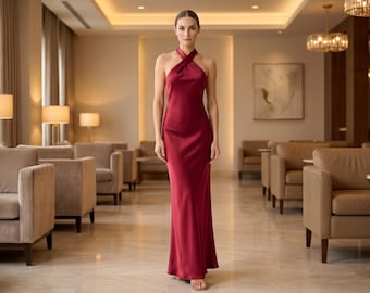 Womens prom dress halter neck maxi open back gown elegant graduation dress formal event silk dress wedding gifts for bride bridesmaid dress