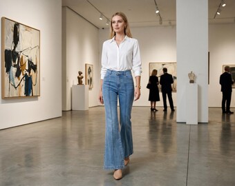 Luxury high waisted wide leg jeans for women vintage inspired flared denim pants tailored fit blue denim everyday chic outfit gift for her