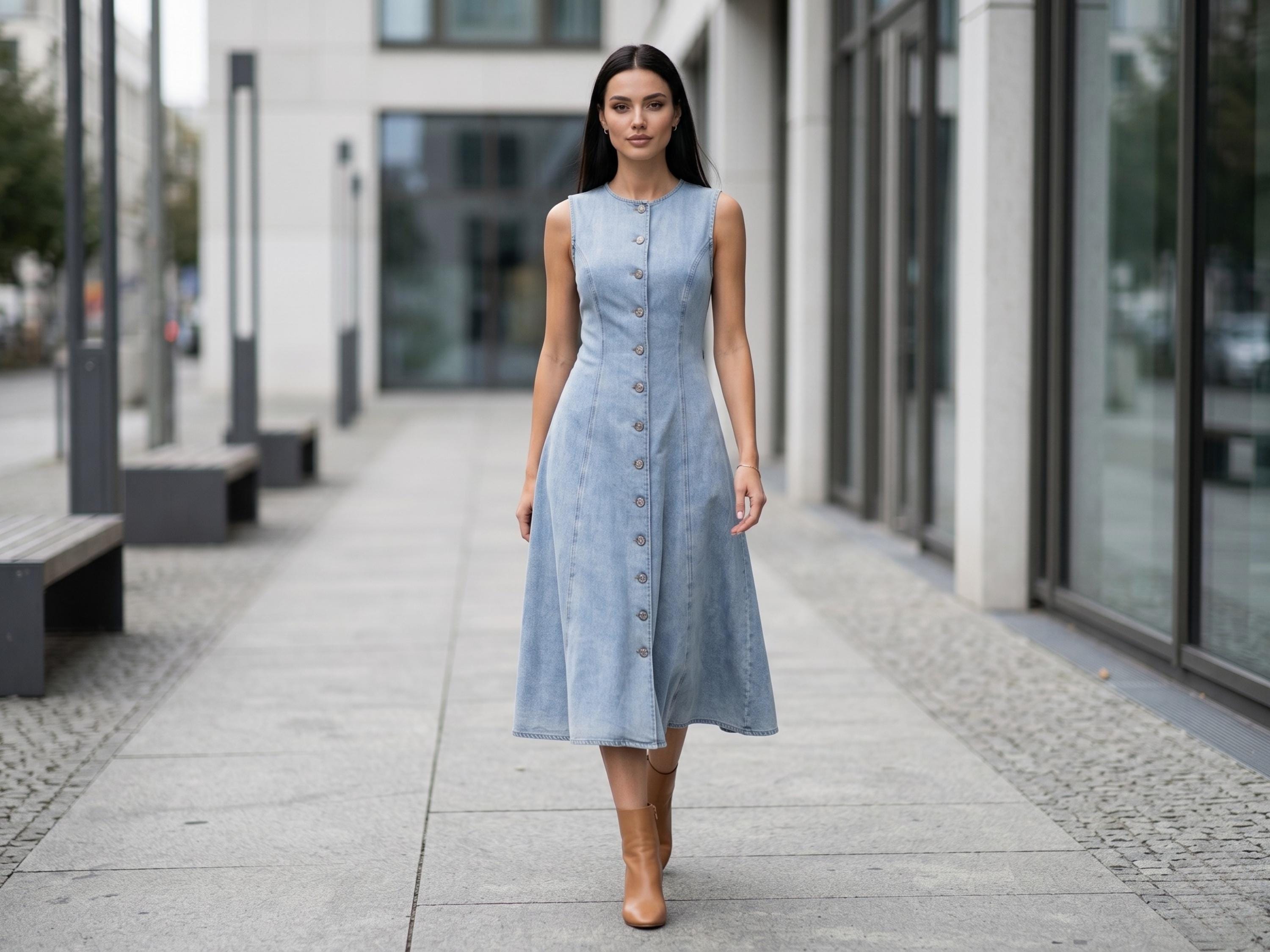 Denim Midi Dress Vintage Washed Look Cottagecore Boho Chic Fashion Womens Clothing Festival Outfit Retro Wear Anniversary Gifts for Her
