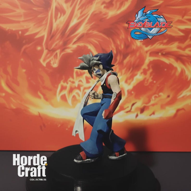 May include: A Beyblade anime character figurine, posed dynamically. The figure wears blue trousers, a black top, and red details. The background displays a fiery orange and red design, the Beyblade logo, and the text "Horde Craft Collectibles."