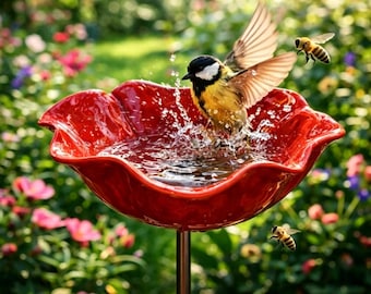 赤いポピーのバードバス、屋外用ガーデンステーク、装飾的な金属製バードフィーダー、庭の装飾品