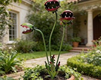 Metal Carnivorous Plant Garden Stake, Whimsical Yard Art, Gothic Decor, Halloween Sculpture