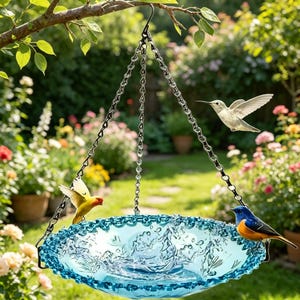 May include: A hanging, blue glass bird feeder with a decorative, scalloped edge. The feeder is suspended by a black chain from a tree branch. Three birds are perched on or near the feeder, with a lush garden in the background.