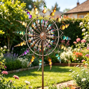 Puede incluir: Un molinillo de jardín decorativo con un diseño iridiscente multicolor. El molinillo de metal presenta una esfera central y brazos radiales adornados con acentos esféricos coloridos. El arte del jardín está situado en un jardín verde y florido.
