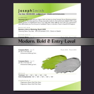 May include: A modern resume template with a green and white design. The resume includes sections for summary, education, experience, skills, and leadership. The text "Modern, Bold & Entry-Level" is displayed.