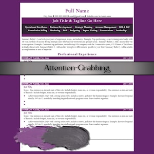 May include: A resume template with a purple header and footer. The resume includes sections for contact information, job title, professional experience, and summary bullets. The text "Attention-Grabbing" is displayed in a banner across the middle.