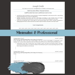 May include: A resume template with the name Joseph Smith at the top. The resume is titled Chief Executive Officer: Financial Services. The text "Minimalist & Professional" is in the center of the image.