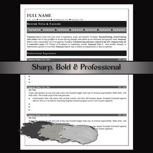 May include: A black and white resume template with the text "FULL NAME" and "RESUME TITLE & TAGLINE" at the top. The text "Sharp, Bold & Professional" is overlaid on the resume. The resume includes sections for professional experience and job titles.