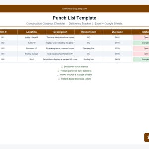 Puede incluir: Una plantilla digital de lista de verificación para el cierre de la construcción, con una tabla que detalla los números de artículo, ubicaciones, descripciones, responsables, fechas de vencimiento y estados. Incluye menús desplegables, paneles fijos y es compatible con Excel y Google Sheets.