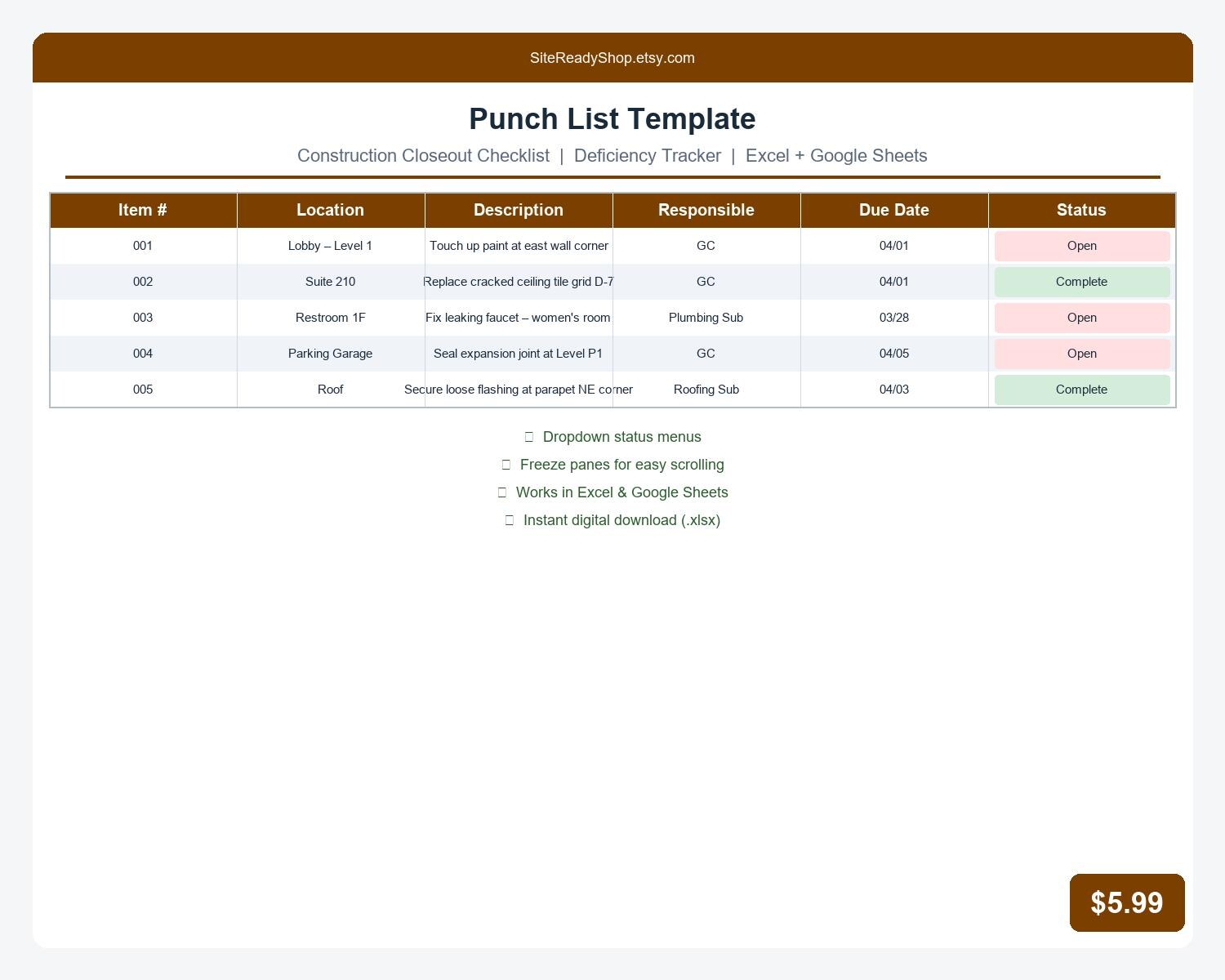 Punch List Template for Construction, Project Closeout Checklist ...