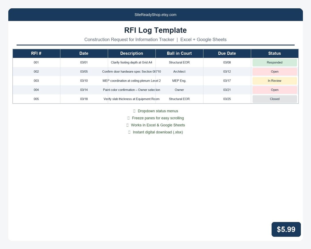 RFI Log Template for Construction, Request for Information Tracker ...