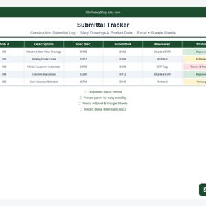 Puede incluir: Un documento digital titulado "Submittal Tracker" con una tabla verde y blanca. La tabla enumera información de envío, incluidas descripciones, secciones de especificaciones y estados. El documento incluye el texto "Construction Submittal Log | Shop Drawings & Product Data | Excel + Google Sheets."