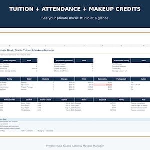 Könnte beinhalten: Eine digitale Tabellenkalkulation mit dem Titel Private Music Studio Tuition & Makeup Manager. Sie enthält Abschnitte für Studio-Schnappschüsse, Betriebsabläufe, aufgezeichnete Aktivitäten, Familienabrechnungen und Nachholstunden.