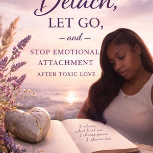 Puede incluir: Imagen de un libro abierto con el texto "I release what hurt me. I choose peace. I choose me." Una mujer mira el libro. La imagen también incluye un objeto en forma de corazón y el texto "How to Detach, Let Go, and Stop Emotional Attachment After Toxic Love."