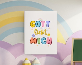Poster 'God houdt van mij' voor de kinderkamer, christelijke muurdecoratie, regenboogdecoratie voor de babykamer, Bijbelvers voor kinderen, doopcadeau (downloadbaar)
