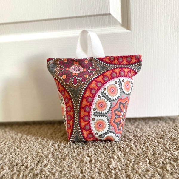 Door Stopper | Empty, You fill | Home Decor Fabric | Door Wedge | Fabric Door Stopper | Orange, Red, Pink and White Medallion Print Fabric