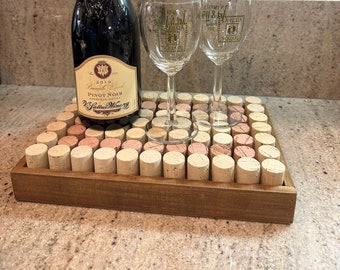 Wine Cork Tray,Wine Cork Table Display w/Medium Rustic Wood Stain Tray, Wine Corks displayed upright,Serving Tray, Wine Cork Craft