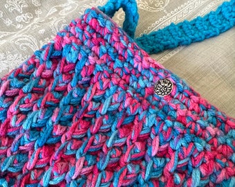 Crochet Crossbody Bag | Crochet Handbag | Multi-Color Blue & Pink Crossbody Purse | Crochet Bag