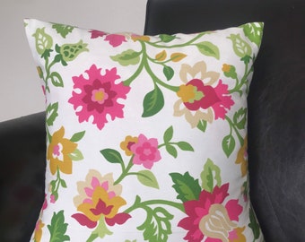 Single Pillow Cover 18x18 inch square - Pink and Green Floral Print Home Decor Fabric, Accent Pillow