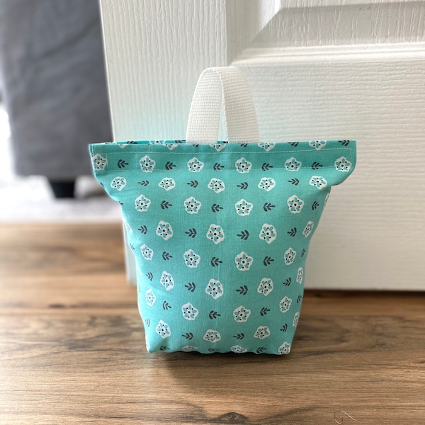 Spring Fabric Door Stopper, Empty-You fill | Low Shipping Charges  | Door Wedge | Teal Background with White Delicate Floral Pattern