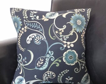 Black Blue  Floral Pillow Cover, Accent Pillow, Home Decor Fabric Pillows, Bedroom Decor, Pillow Cover 18x18 inch square