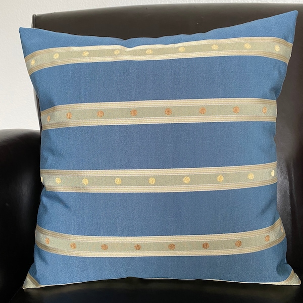 Blue and Gold 18 inch square Pillow Cover-Demin Blue and Decorative Gold Stripes Decor Fabric, Throw Pillow, Accent Pillow