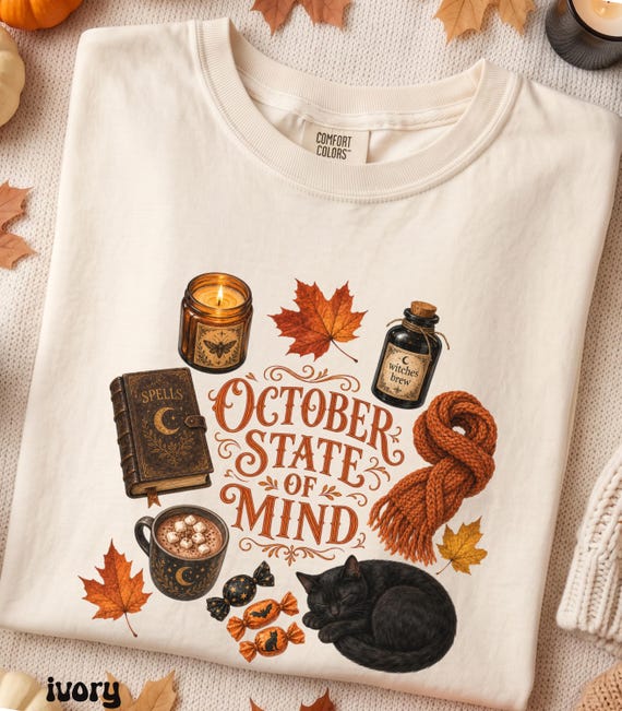 October State of Mind Witchy Cottagecore Tee, Black Cat Autumn Shirt (Comfort Colors)