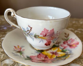 Vintage Royal Standard Rosella Teacup Saucer – English Bone China Floral Gold Trim