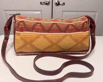 Pendleton Wool Southwestern Geometric Crossbody Bag Leather Trim Orange Red Tan