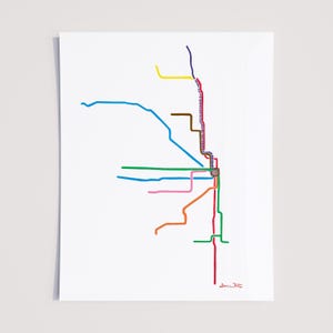 May include: A minimalist print of a city transit map. The map features colorful lines representing different routes, including blue, green, red, orange, pink, and yellow, against a white background. The artist's signature is in the bottom right corner.