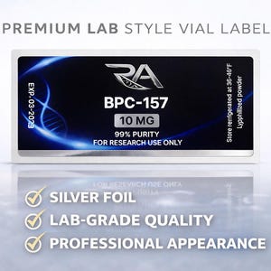 May include: A rectangular label with the text "BPC-157 10 MG" and "99% PURITY FOR RESEARCH USE ONLY." The label has a silver border and a blue and black background. The text "PREMIUM LAB STYLE VIAL LABELS" is at the top.