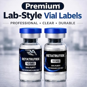 May include: Two clear glass vials with blue caps and labels. The labels read "RETATRUTIDE 10 MG" and "99% PURITY FOR RESEARCH USE ONLY." The text "Premium Lab-Style Vial Labels" is at the top.