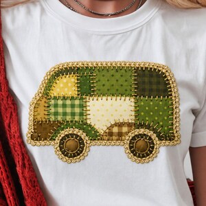 May include: White t-shirt featuring a patchwork camper van design. The van is composed of various green, yellow, and brown fabric squares, stitched together with gold thread. The wheels are detailed with gold trim.