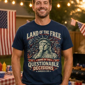 May include: A navy blue short-sleeve t-shirt featuring a graphic of the Statue of Liberty covering her face with her hand. The text reads LAND OF THE FREE, HOME OF THE QUESTIONABLE DECISIONS, and AMERICA 250, surrounded by red and white fireworks.