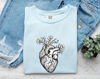 Anatomical Heart Botanical Shirt, Gothic Floral Graphic Tee, Dark Academia Style